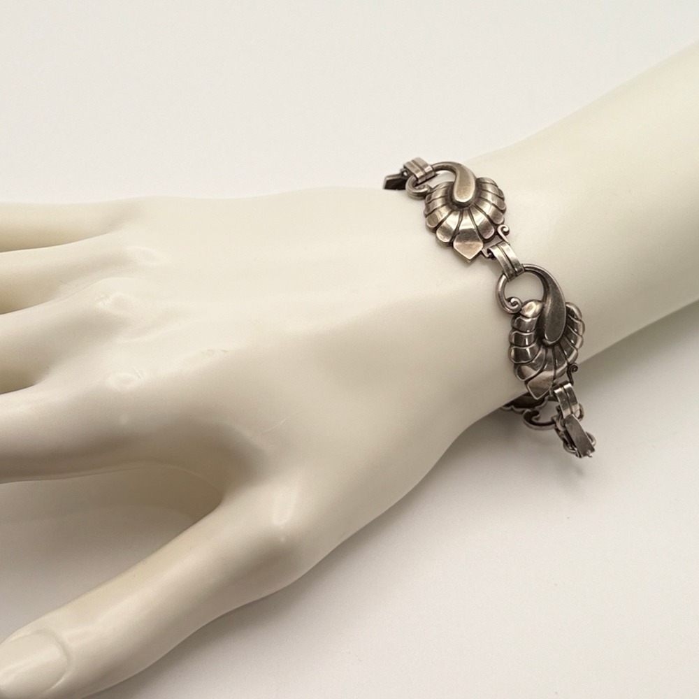 Vintage H.S.B. Sterling Silver Shell Paisley Link Bracelet Art Deco Style 7.25"